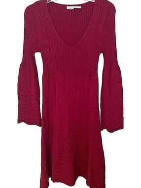 Leon Max Limited Edition XS Burgundy Ribbed Knit Bell Sleeve Handkerchief Dress